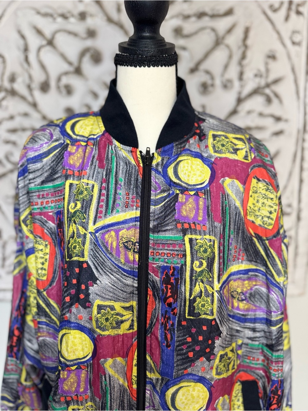 Vintage Adolfo Sport Abstract Print Bomber Jacket XL Colorful 90s Zip Front